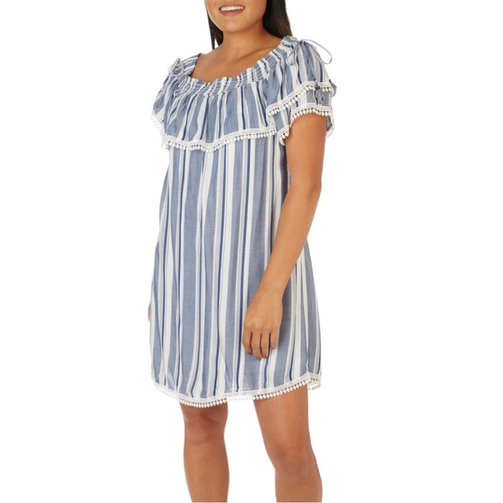 Luxology Dress Striped Off the Shoulder Short Sleeves Ruffle Coastal Nau… - Picture 2 of 13